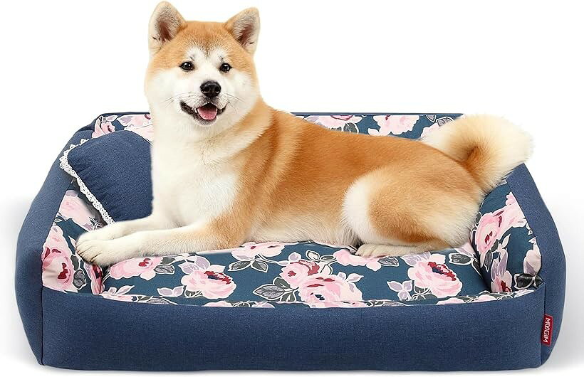 Rakuten - ペットベッド 桜 日系花柄デザイン 取り外せる洗える ふわふわ柔らかクッション 軽い撥水インナーカバー あご乗せ枕付き 滑り止め オールシーズン 犬猫兼用 老犬介護 小 中型犬用 (ピンク花柄, 82 x 65cm (L))