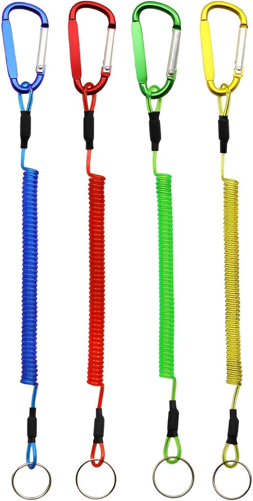 スパイラルコード 落下防止 ワイヤー キーストラップ カラビナ付き 伸縮 4色セット (マルチカラー)