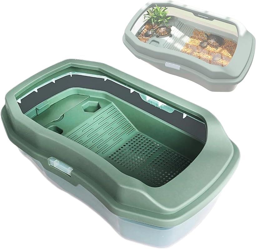 亀 水槽 飼育ケース 蓋付き 脱走防止 清掃 簡単 3層構造 幅35cm プラスチック 緑 (グリーン)