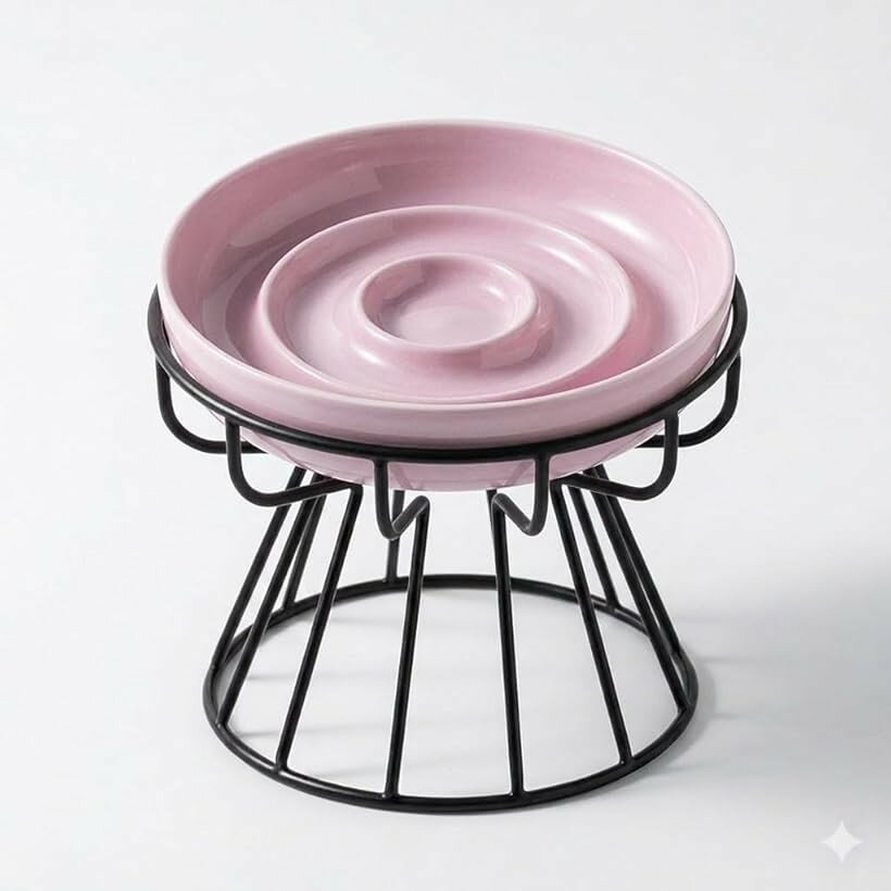 Tableware - ペットボウル 陶器 早食い防止 餌皿 犬 小型犬 猫 スロー フードボウル スタンドセット 浅型 セラミック 吐き戻し防止 食べやすい 胃腸負担 食洗機対応 (ピンク)
