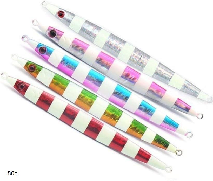 ジグ ルアー 5個 セット 釣り メタル ゼブラ ロング グロー 海 船 (メタル(白・赤・黄色・ピンク・水色）, 80g)