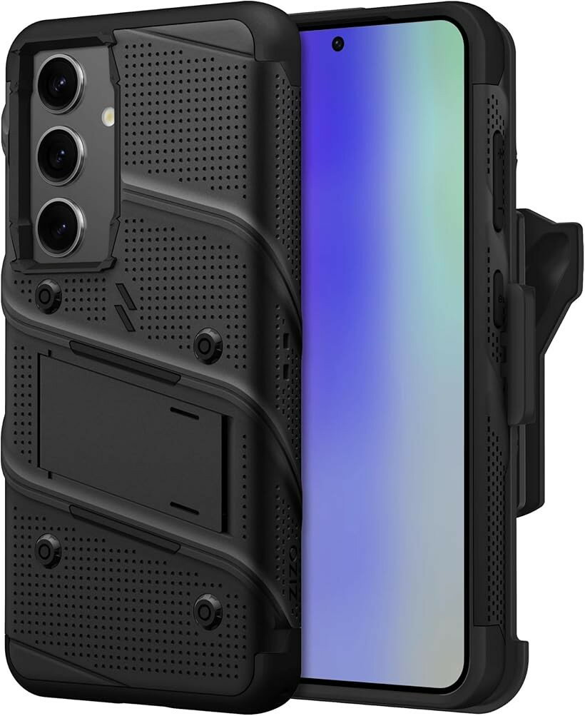 Rakuten - Galaxy S25 2025 対応 ケース カバー 耐衝撃 衝撃吸収 米軍MIL規格 キックスタンド ベルトクリップ 機能付 強化ガラス保護フィルム ランヤード 付属 ハイブリッド ポリカーボネイト TPU BOLT ボルト (ブラック)