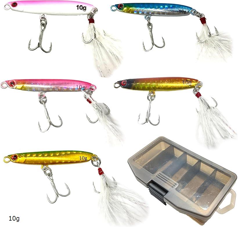 メタルジグ 5色セット ケース付き (ピンク、ブルー、グローピンク、レッドゴールド, 10g)