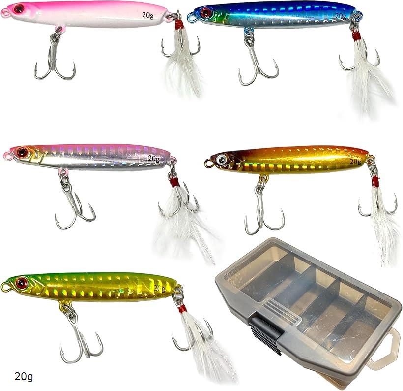 メタルジグ 5色セット ケース付き(ピンク、ブルー、グローピンク、レッドゴールド, 20g)