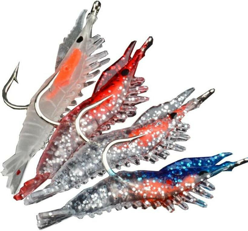 互換品 エビ ワーム ルアー フック付き 4カラー 蛍光 含 本物の 海老 そっくり 疑似 餌 バス シーバス (ブルー レッド 透明 夜光　・・・4色, 全長：約5.5cm)