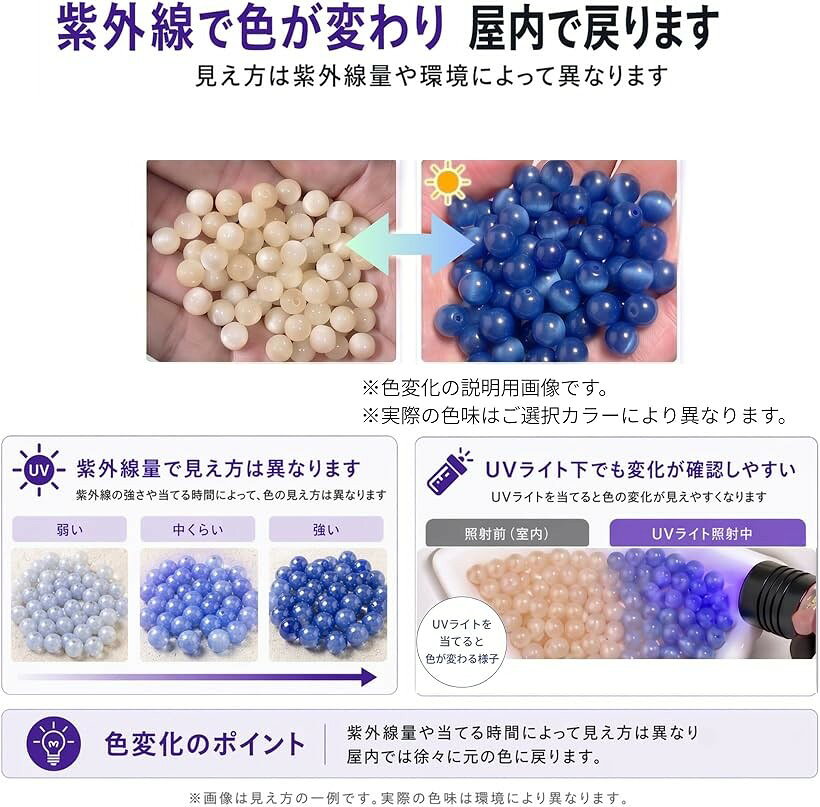 【楽天ランキング1位入賞】星降る夜のUVビーズ UVチェック UVチェッカー 太陽光線やブラックライトで色が変わる 遮光袋付 色ごとに小分け 10mm (グレー（50個）, 10mm) ohstore-10666854 OHstore サンプル画像3