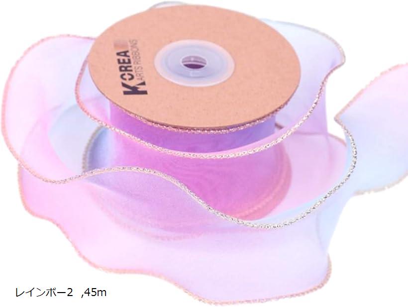 レインボー オーガンジーリボン 幅5cm 金縁 テープ ギフト ラッピング 手芸(レインボー2, 45m)