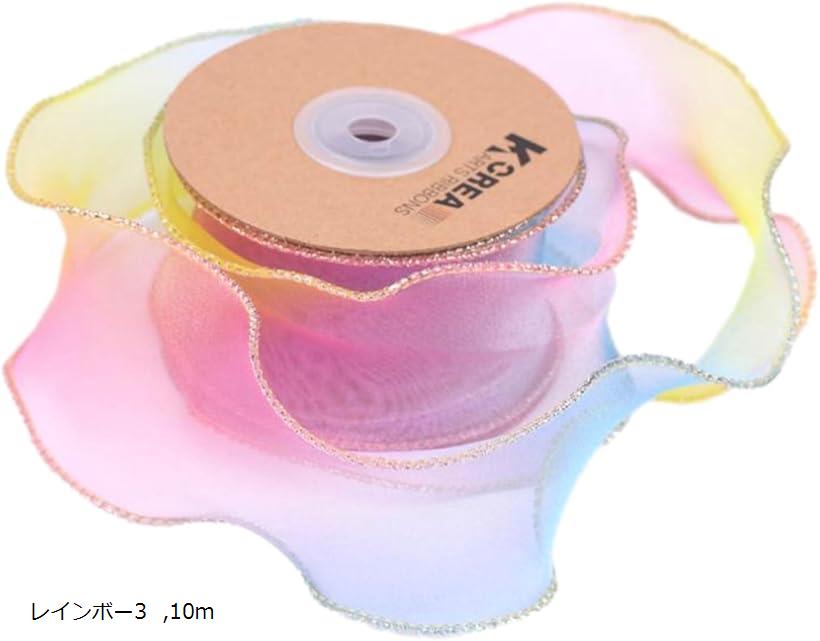 レインボー オーガンジーリボン 幅5cm 金縁 テープ ギフト ラッピング 手芸 (レインボー3, 10m)