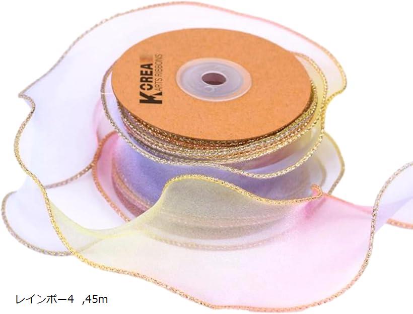 レインボー オーガンジーリボン 幅5cm 金縁 テープ ギフト ラッピング 手芸 (レインボー4, 45m)
