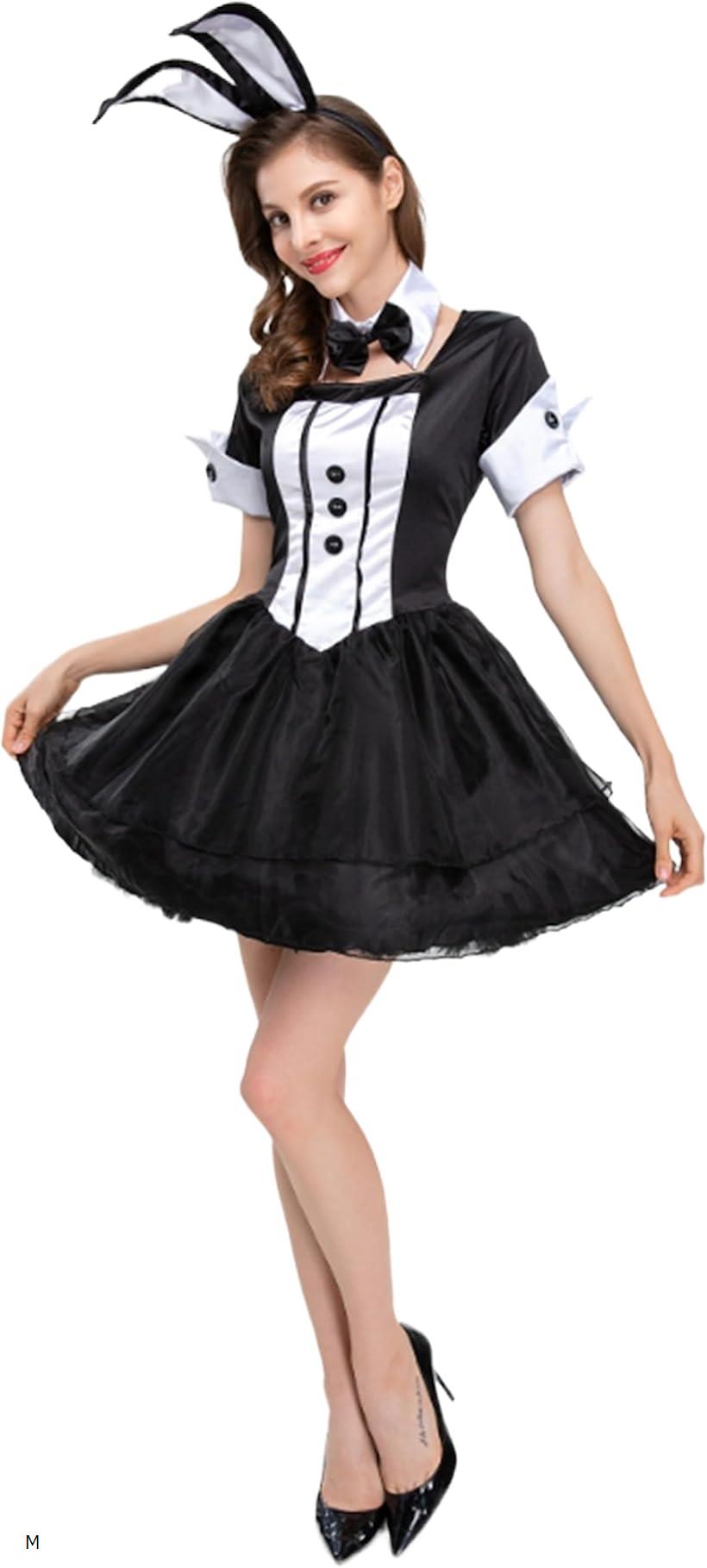 バニーガール コスプレ 衣装 うさぎ耳 カチューシャ ハロウィン 仮装 スカート 半袖 メイド服 大人用 (ブラック, M)