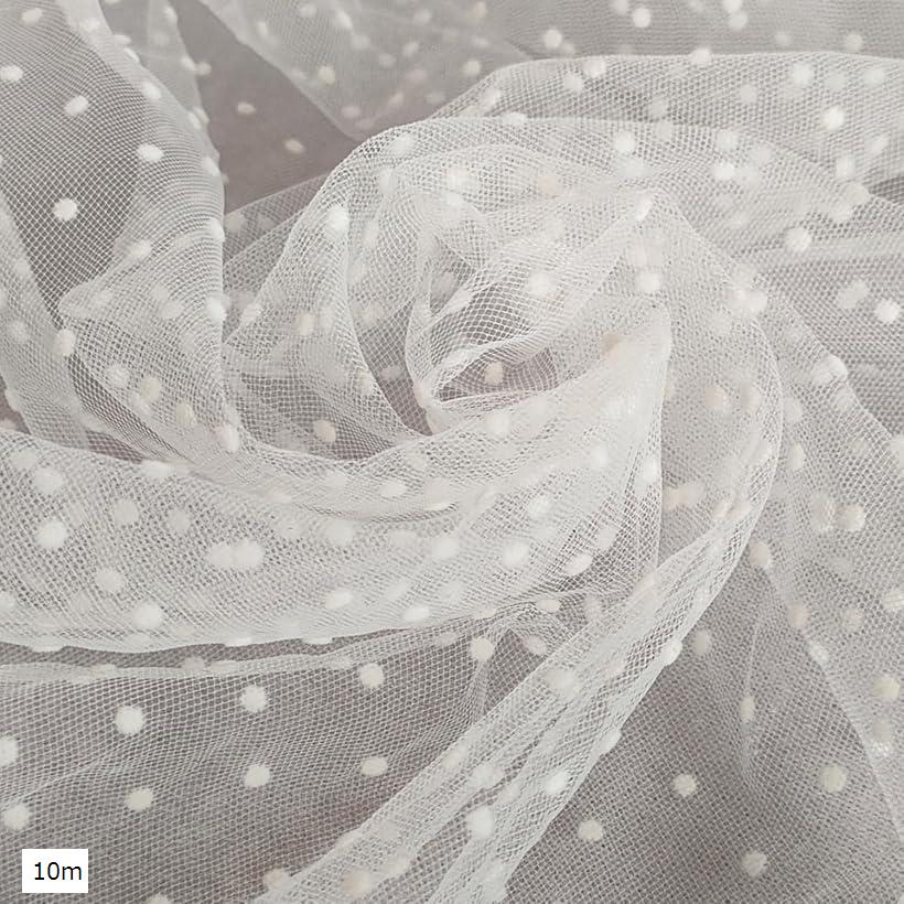 水玉 チュール 生地 白 幅155cm ドット フロッキー レース 布 衣装 (ホワイト, 10m)