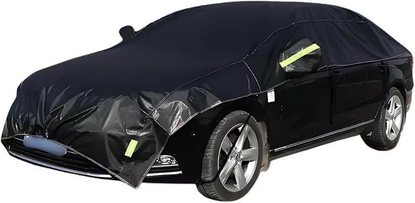 車 カバー 半分 ハーフカバー 防水 強風対策 6点反射 厚手 ボディカバー カーカバー 自動車カバー (ブラック, セダン用)