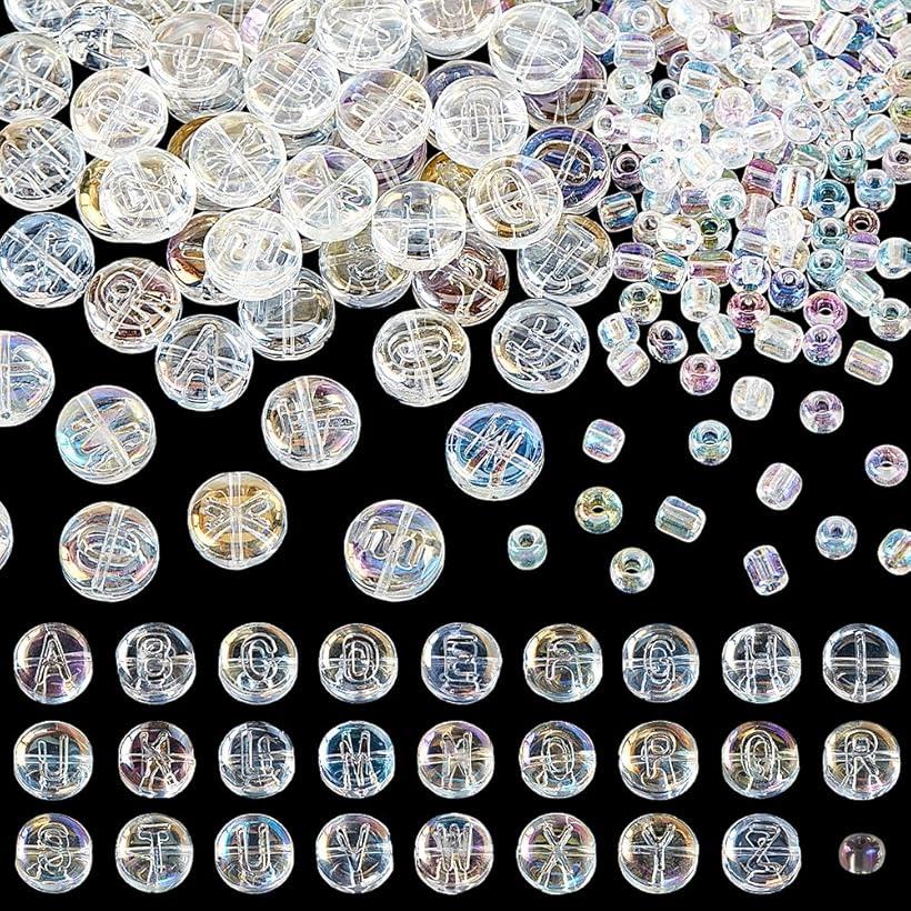 304個 透明文字ビーズ フラットラウンド 電気メッキ文字ビーズ ガラス文字ビーズ abカラービーズ スペーサービーズ 電気メッキガラスビーズ ブレスレット ネックレス DIY手工芸品