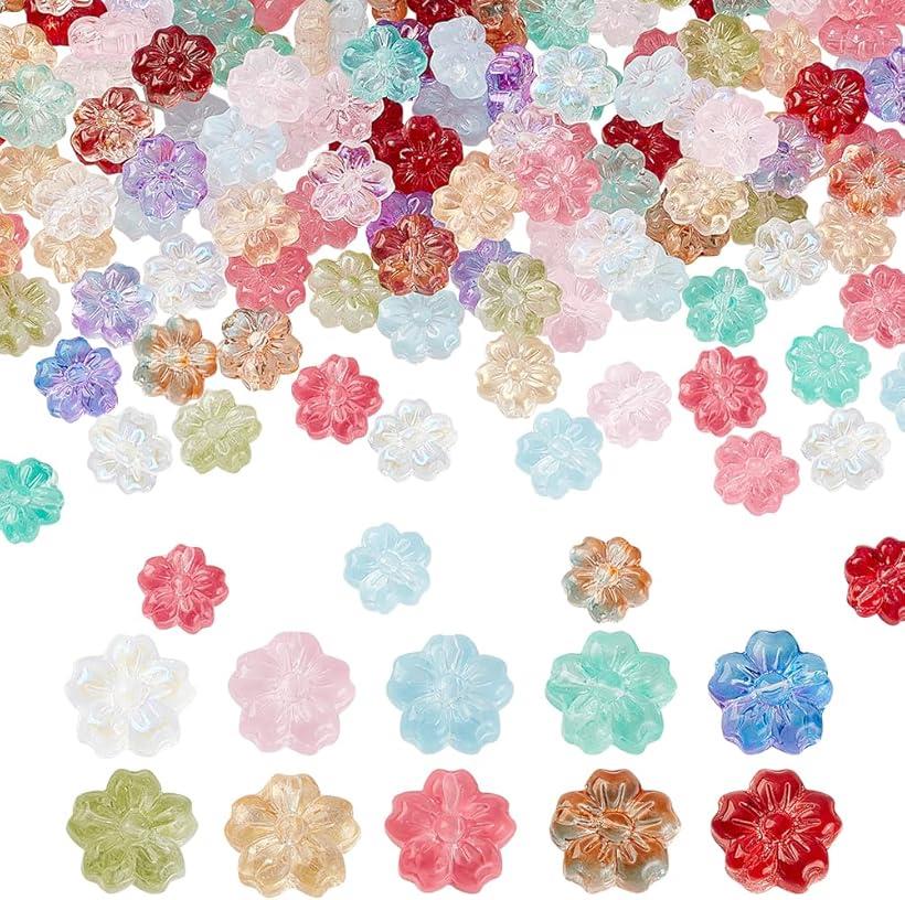 200個 桜 フラワービーズ 10色 桜ビーズ 花ビーズ サクラ 透明ガラスビーズ キャンディーカラービーズ サクラビーズ 花の形 クリアガラスビーズ ハンドメイド材料 手芸用品 収納ボックス付き