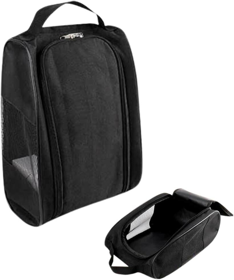 シューズケース スパイク入れ メッシュ 通気性 蒸れない ゴルフ バレーボール バッシュ おしゃれ ワイド ダブルファスナー (ブラック)