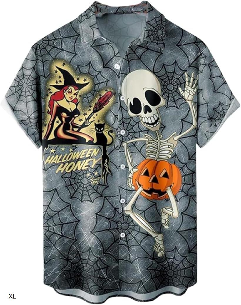 ハロウィン シャツ メンズ 開襟 カボチャ 魔女 ガイコツ プリントシャツ ゆったり 軽量 通気性 コスチューム トップス (ブルー, XL)