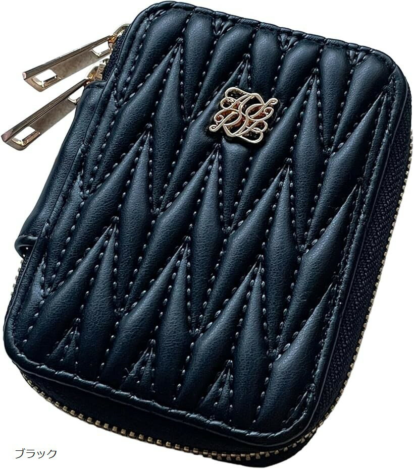 スマートキーケース 2個収納 横並び カード レディース かわいい コンパクト ファスナー 車 免許証 お洒落 6連フック キルティング くすみカラー (ブラック)