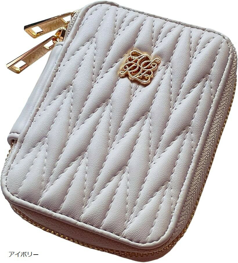 スマートキーケース 2個収納 横並び カード レディース かわいい コンパクト ファスナー 車 免許証 お洒落 6連フック キルティング くすみカラー (アイボリー)