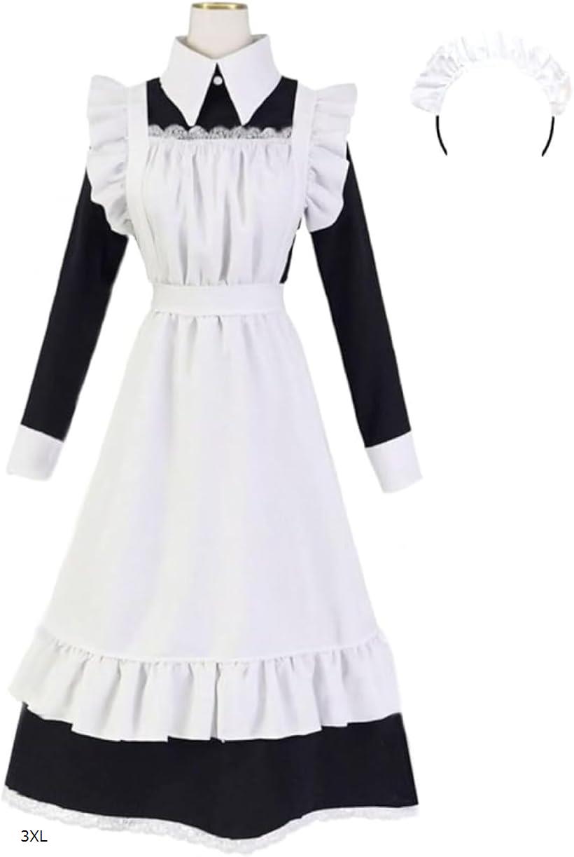 大きいサイズ 本格メイドドレス メイドコスプレ 男性用 3点セット 撮影用 イベント 文化祭 メンズロリータ コスチューム (ブラック/ホワイト, 3XL)