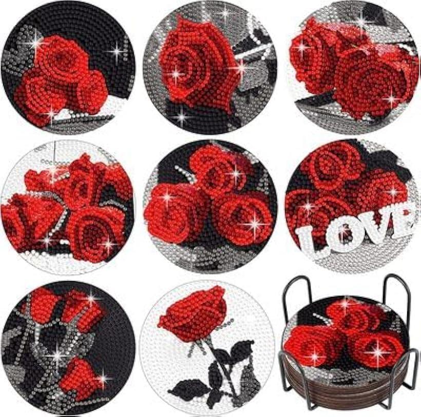 Astartia ダイヤモンドアート コースター キット DIY ダイヤモンドビーズ 5Dダイヤモンド塗装キット 赤い薔薇ダイヤモンドペインティング 初心者 大人 子供 (オシャレカラー, 直径約10cm)