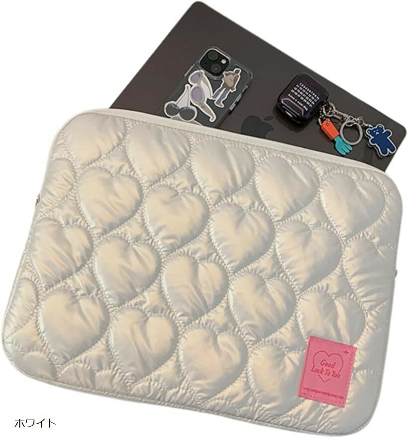 パソコンケース ハート柄 韓国風デザイン タブレット ノートPC iPad 収納対応 レディース おしゃれ 15インチ (ホワイト)