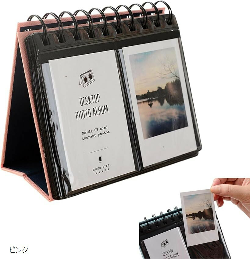 チェキ アルバム チェキ帳 チェキケース チェキファイル カード 卓上 ミニ スタンド instax mini (ピンク, 134mm x 129mm)