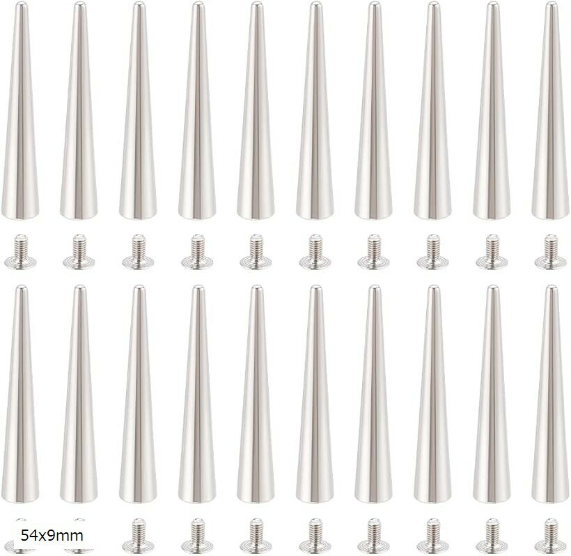 20セット 衣類用55mm鋲 プラチナカラー パンク風ロングネジ式リベット レザークラフト用ロングコーン鋲..