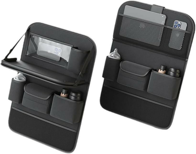 シートバックポケット 車 テーブル 後部座席 収納 革製 大容量 多機能 シートバックテーブル 車内 便利グッズ ドリンクホルダー付き 折りたたみ 卓上トレイ (ブラック)