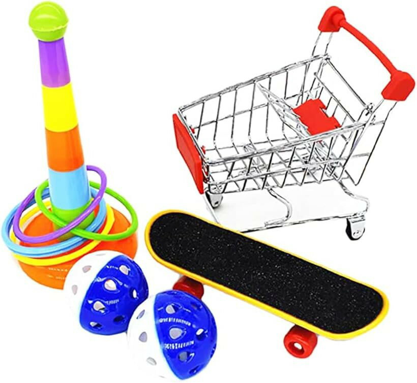 インコ おもちゃ バードトイ オウム 文鳥 ボール 輪投げ スケボー カート 訓練 知育 玩具 かじる ストレス解消 5個セット (多色)