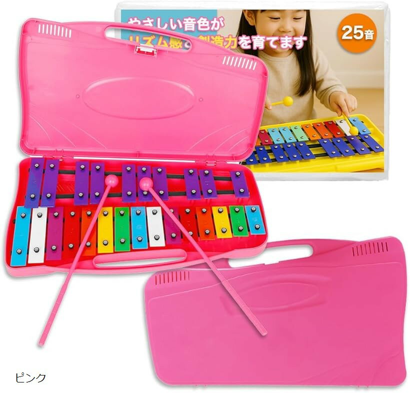 バリエーションコード : 2but5vi2rs商品コード2but5vi2rs商品名鉄琴 グロッケン メタロフォン 子供用 打楽器 25音 マレット ケース付き カラフル 知育 楽器 おもちゃ プレゼントブランドNicheezカラーピンク「演奏体験が楽しくなる。カラフルでやさしい音色」見た目にも楽しいカラフルな音板が、子どもの好奇心を刺激。優しく澄んだ音色で、初めての演奏体験にもぴったり。25鍵のフルスケールグロッケンで、簡単な童謡から本格的な曲まで幅広く楽しめます。「専用ケース付きで保管・持ち運びもラクラク」マレットも一緒に収納できるケース付きだから、お片付け習慣も自然と身に付きます。取っ手付きで持ち運びも簡単。おうち遊びはもちろん、保育園・幼稚園・お遊戯会や発表会の持ち運びにも。底部には3ヶ所の起こせる足がついていて演奏時の安定感もしっかり。「知育＆創造力を育むギフトに最適」バチで叩くだけで音が鳴って簡単に演奏できるので、まだ小さなお子様でもすぐに楽しめる鉄琴。音楽の楽しさを体験しながら、リズム感や集中力も育まれる知育楽器。クリスマスや誕生日のギフトにも喜ばれる人気アイテムです。「商品内容」 メタロフォン（25音)　材質：アイアン/ABS樹脂　カラー：レッド/ピンク/ブルー/イエロー　サイズ：横/39cm　縦/約23cm・18cm　厚さ/約4.5cm マレット長さ/約30cm※ 他ネットショップでも併売しているため、ご注文後に在庫切れとなる場合があります。予めご了承ください。※ 品薄または希少等の理由により、参考価格よりも高い価格で販売されている場合があります。ご注文の際には必ず販売価格をご確認ください。※ 沖縄県、離島または一部地域の場合、別途送料の負担をお願いする場合があります。予めご了承ください。※ お使いのモニタにより写真の色が実際の商品の色と異なる場合や、イメージに差異が生じることがあります。予めご了承ください。※ 商品の詳細（カラー・数量・サイズ 等）については、ページ内の商品説明をご確認のうえ、ご注文ください。※ モバイル版・スマホ版ページでは、お使いの端末によっては一部の情報が表示されないことがあります。すべての記載情報をご確認するには、PC版ページをご覧ください。