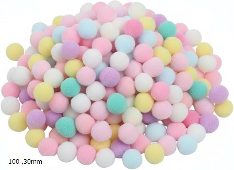 ポンポンボール カラフル 30mm 100個入り 推し活 装飾 デコパーツ 手芸綿 痛バッグ 飾り (カラフル)