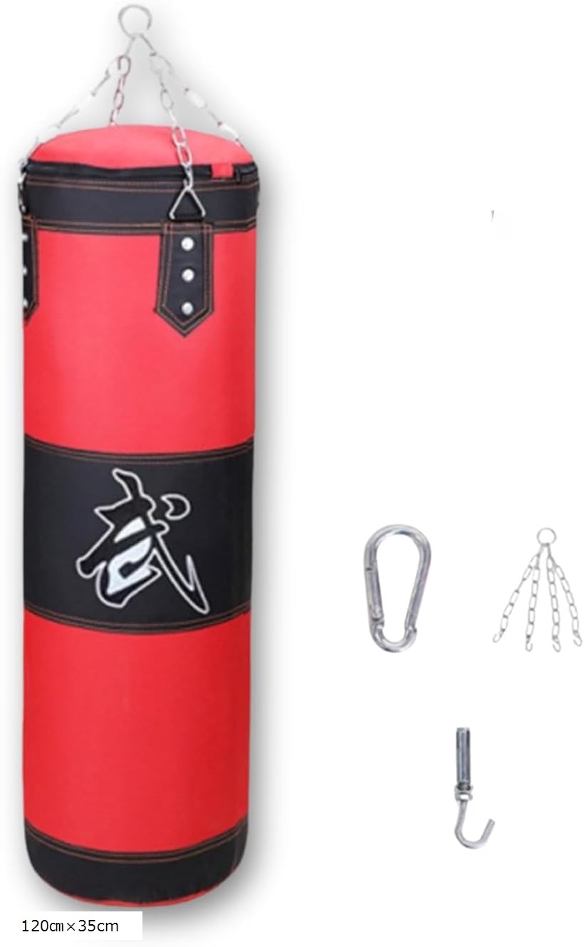 サンドバッグ 吊り下げ 中身なし 格闘技 ボクシング 空手 キックボクシング 自宅 トレーニング用 空袋 耐久性 安全設計 (レッド/ブラック, 120cmx35cm)