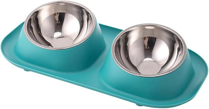 フードボウル 斜め ステンレス 犬 猫 ペットボウル 餌台 餌入れ 水入れ ご飯皿 15度の傾斜 (グリーン, ダブルボウル)