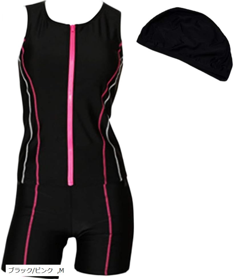 上下 フィットネス 水着 レディース セパレート スイムキャップ付き 3点セット ノースリーブ めくれ防止 体型カバー (ブラック/ピンク, M)