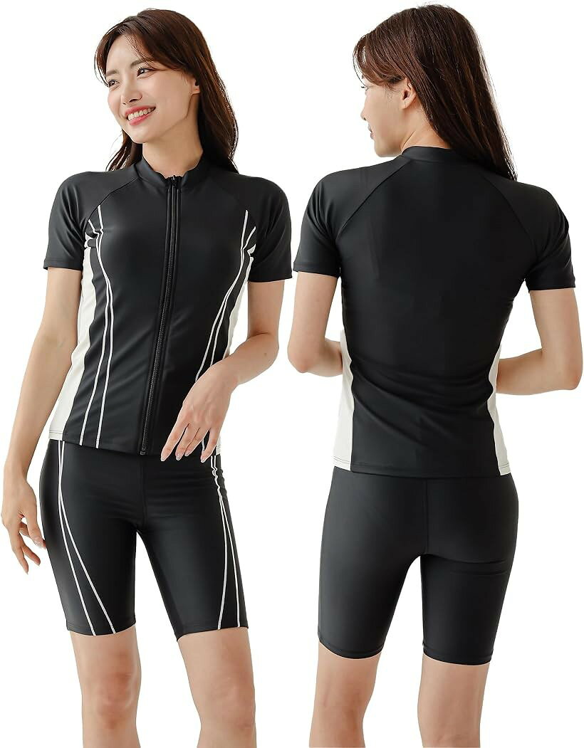 Two-Piece - 大きいサイズ フィットネス 水着 レディース セパレート 半袖 上下セット めくれ防止 スクール UVカット ファスナー 袖付 体型カバー カップ付 (ホワイト, 5L)