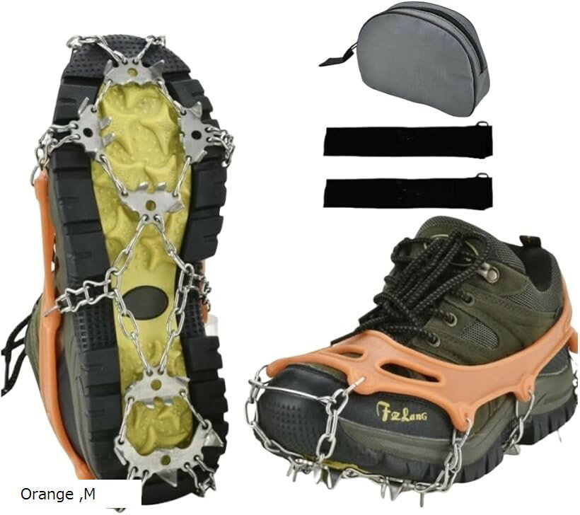 アイゼン チェーンスパイク 24本爪 201ステンレス製 スノースパイク 凍結道路 雪山 登山 ハイキング 氷釣り 転倒防止 耐寒性 耐久性 収納袋付き 男女兼用 (Orange, M)
