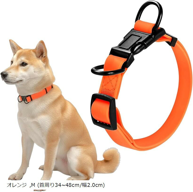 犬 首輪 ダブルリング 首周り42～63cm 幅2.5cm 中型犬 大型犬 PVC 犬用 防水 防汚 アウトドア (オレンジ, M (首周り34～48cm/幅2.0cm))