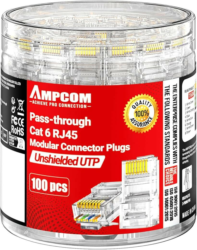 CAT6 RJ45 パススルーコネクター 100個パック 金メッキイーサネットプラグ ソリッド/ストランド23-26AWG UTPイーサネットケーブル用 (透明)