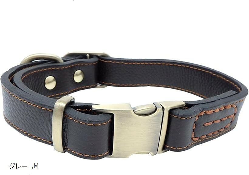 Other - 犬 首輪 レザー 本革 金属製バックル ワンタッチ着脱 サイズ調節可能 (グレー, M)
