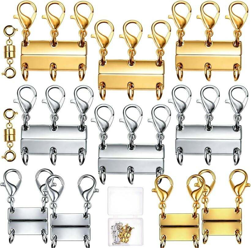 Craft - 12個セット マグネット留め具 ネックレス 重ね付け チェーンセパレーター 金銀 ジュエリーディスペンサー アクセサリー収納 手作り材料 収納ケース付き (金/銀)