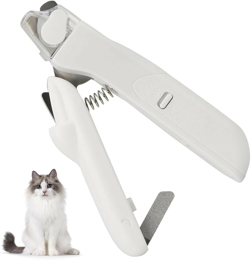 2in1ネイルクリッパー 爪切り＆爪やすり 犬猫兼用 LEDライト内蔵 怪我対策 飛び散り防止カバー (ホワイト)