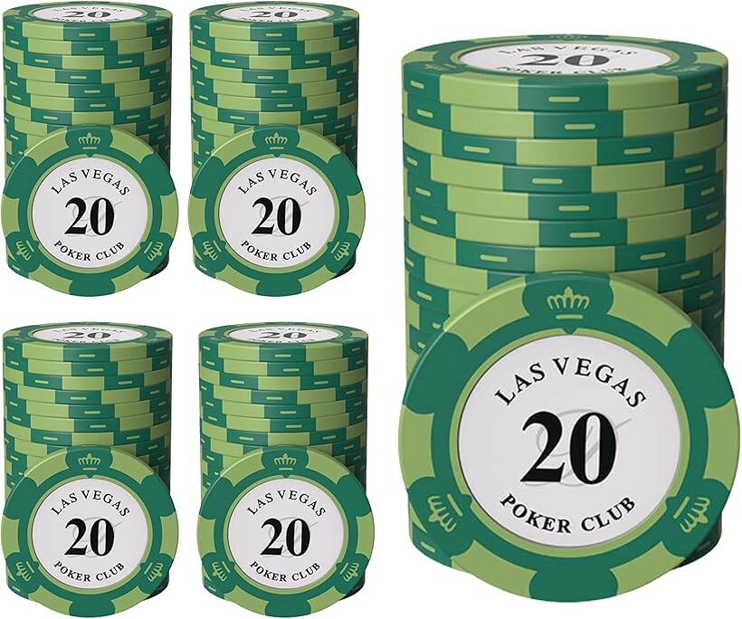 Rakuten - ポーカーチップ クレイ製 カジノチップ 20 面値 単品 100枚セット メタルインサート入り 高級 重厚感 本格仕様 カードゲーム用 (面値「20」, 直径 約40mm)