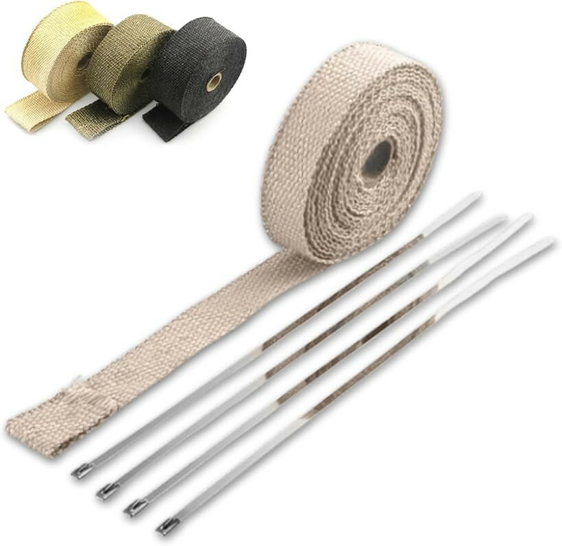 マフラーバンテージ バイク 高耐熱性 エキゾーストテープ グラスファイバー 繊維 耐熱布 エキマニ プロテクトラップ 結束バンド付 自動車 薪ストーブ 熱対策 (ベージュ)