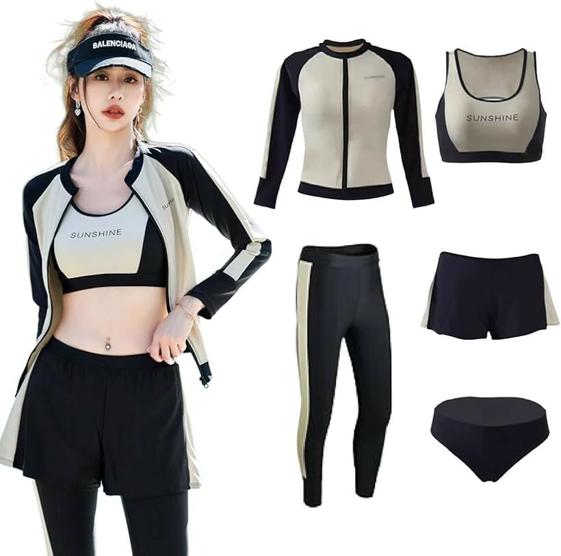 スポーツウェア レディース ヨガウェアトレーニング 水着 5点セット フィットネス ラッシュガード (ベージュ, XL)