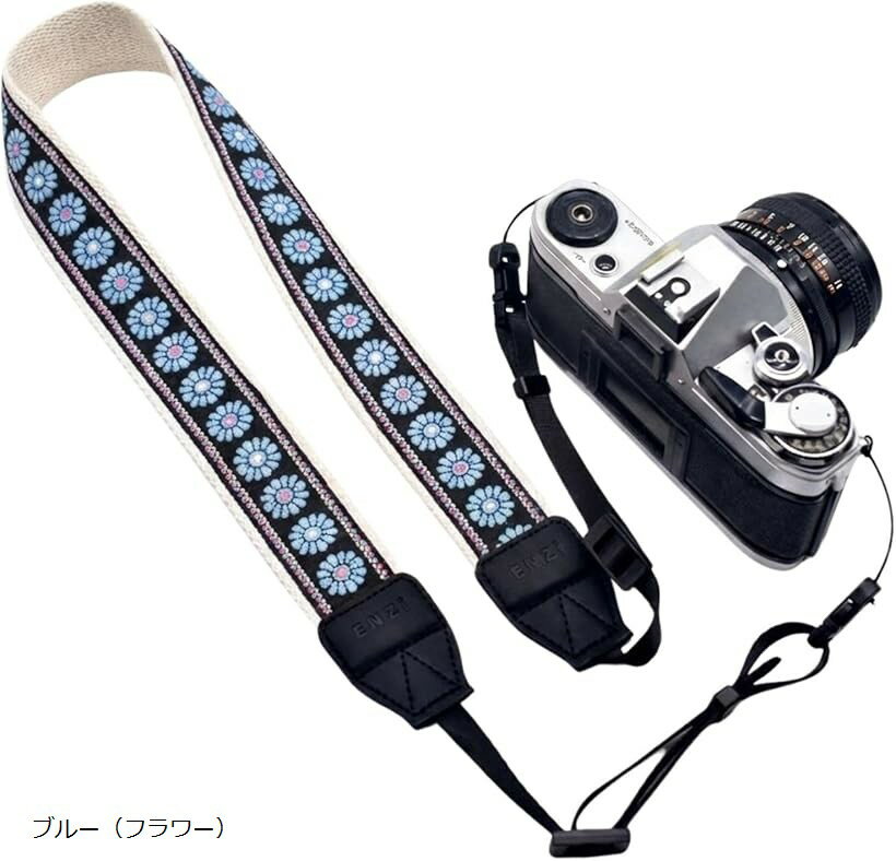 Rakuten - カメラストラップ 首掛け 斜め掛け 幅広 38mm 刺繍 長さ調節 一眼レフ ミラーレス (ブルー（フラワー）)