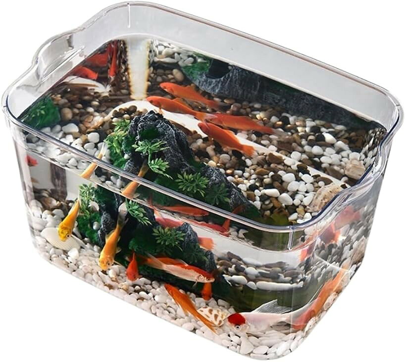 水槽 広口設計 各丸デザイン メダカ水槽 透明アクリル素材 金魚鉢 プラスチック 大型 プラスチック素材 アクアリウム シンプルデザイン テラリウム コンパクトサイズ お手入れ簡単 持ち手付き (クリア, 28cmx18.5cmx11cm)
