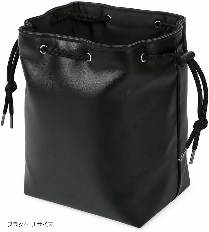 カメラポーチ 巾着 コンデジケース おしゃれ デジカメ 大人可愛い カラー 撥水 レザー 一眼レフ カメラケース ミラーレス コンパクトカメラ (ブラック, Lサイズ)