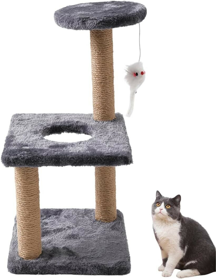 キャットタワー ミニ 猫タワー 低い スリム 爪研ぎ 省スペース 多機能 遊び場 簡単組立 (グレー)