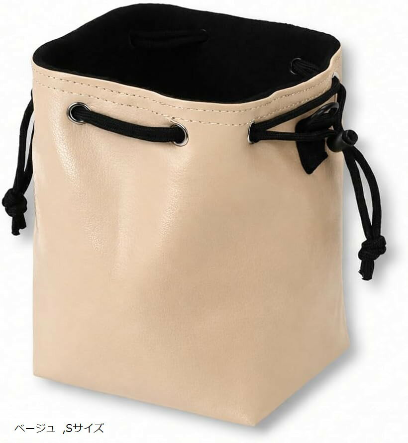 カメラポーチ 巾着 コンデジケース おしゃれ デジカメ 大人可愛い カラー 撥水 レザー 一眼レフ カメラケース ミラーレス コンパクトカメラ (ベージュ, Sサイズ)