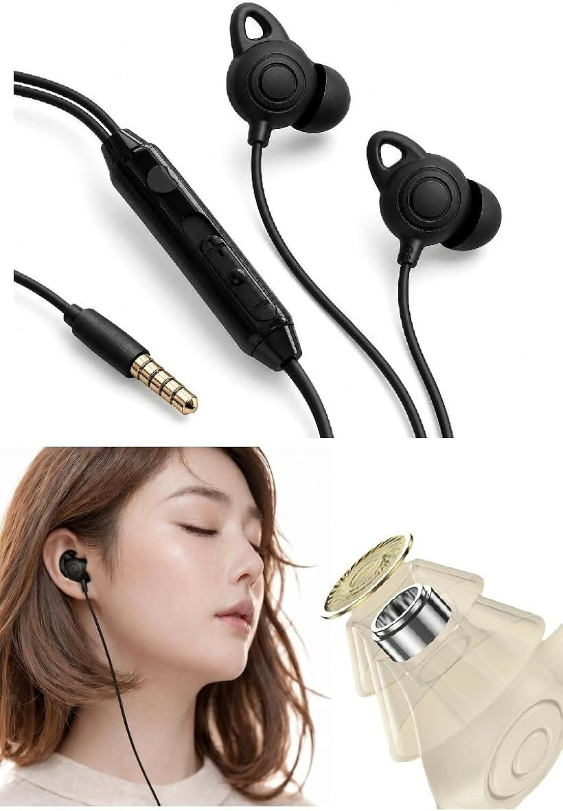 寝ホン 睡眠用イヤホン 有線 asmr 寝ながらでも 耳が痛くならない 超軽量 超快適 超柔軟 シリコン製 音量調整 絡み防止 外れにくい (ブラック, 3.5mmジャック)